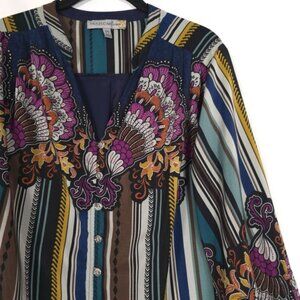 FIGUEROA & Flower Women's MEDIUM Green Pink Floral Blouse Shirt Top Boho Striped